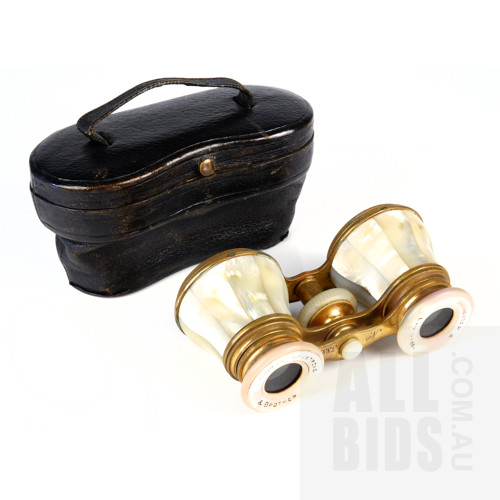 19th Century Pearl Shell and Brass Opera Glasses by Thomas Armstrong & Brothers, with Original Leather and Silk Case