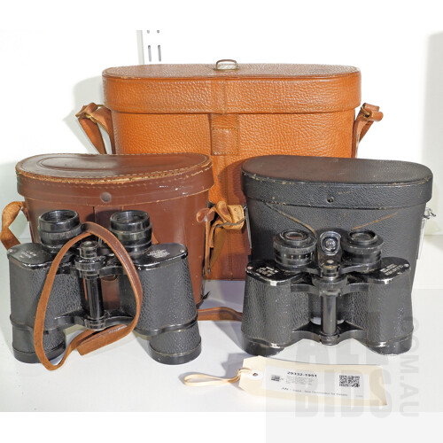 Nikon 8x35 Binoculars in Case (Fungus Spots on Glass), Clearview 8x30 Binoculars in Case (Faults), and a Bolex Brown Leather Case Only
