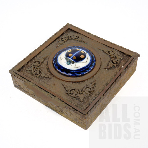 Antique Continental Small Brass Trinket Box Mounted with a Porcelain Ladybird Cabochon, The Sides Cast with a Frieze of Angels