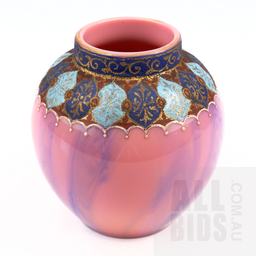 Bohemian Pink Milk Glass Vase with Blue Marbling and Enamel Border Decoration, Height 11cm