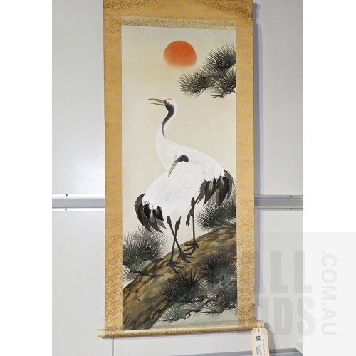 Vintage Japanese Scroll Painting of Egrets, Ink and Colour on Paper with Silk Backing
