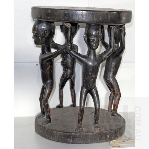 African Carved and Stained Tribal Stool, Height 40cm, Partial Crack to Top and Base
