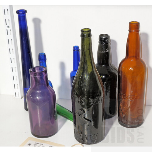 Eight Early Coloured Glass Bottle Including Sydney Beer, Mildara Winery, Etc