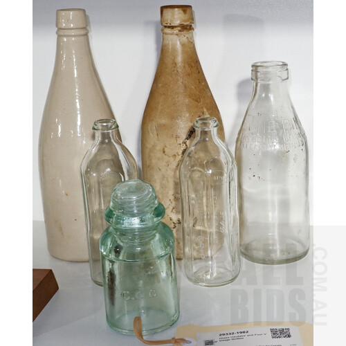 Glass Insulator and Four Vintage Bottles