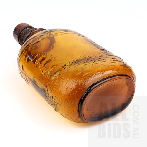 Unusual Amber Glass Bottle with Bakelite Lid Moulded with Ships in Harbour, the Based Marked 'The Property of ...... Sydney'