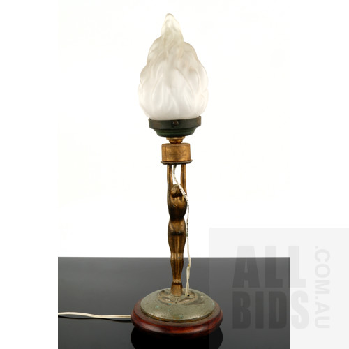 Period Art Deco Painted Cast Alloy 'Diana' Lamp Base with Flame Shade
