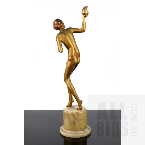 Large Period Art Deco Cold Painted Spelter Figure of a Flame Dancer on an Alabaster Socle, Circa 1920's, Probably French or Austrian