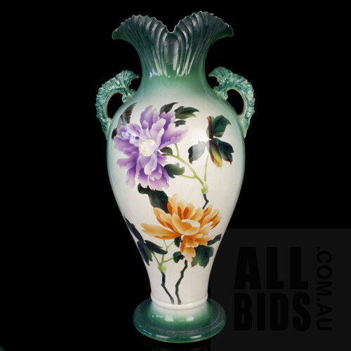 Very Large Antique Japanese Pottery Vase Hand Painted with Birds and Flowers, Meiji Period 1868-1912