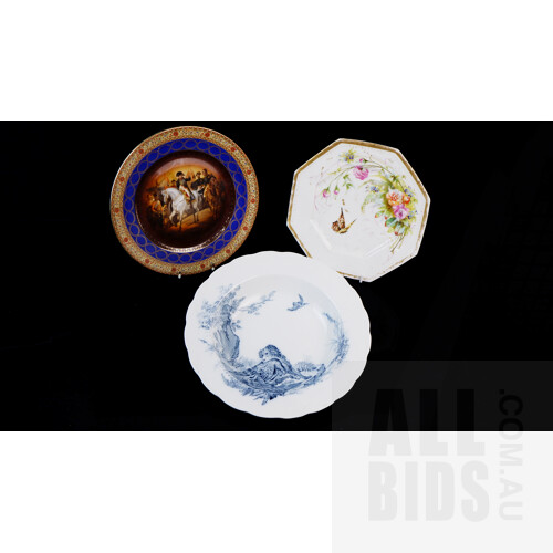 Three Antique Decorative Plates Including Hand Painted French Octagonal, English Transfer Ware Hunting Dog, Both Circa 1880, and a Later Bohemian Transfer of Napoleon