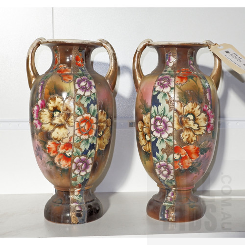Pair of Antique Japanese Hand Decorated Earthenware Vases Circa 1910, Height 41cm