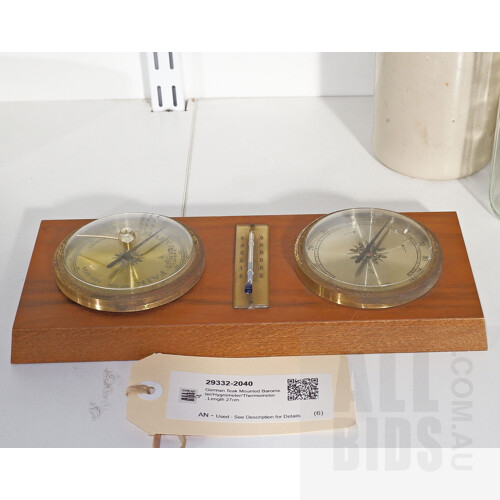German Teak Mounted Barometer/Hygrometer/Thermometer, Length 27cm