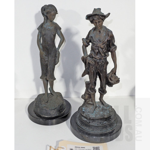Pair of Bronzed Cast Metal Figures Mounted on Granite Bases, Height 33cm