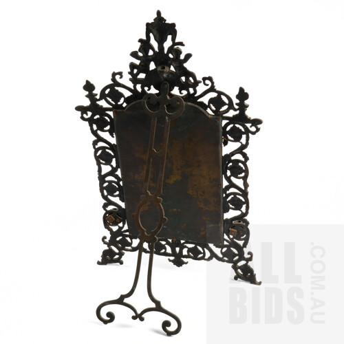 Antique Finely Cast European Bronze Boudoir Mirror with Easel Back, Lacking Candle Sconce Armatures, 19th Century