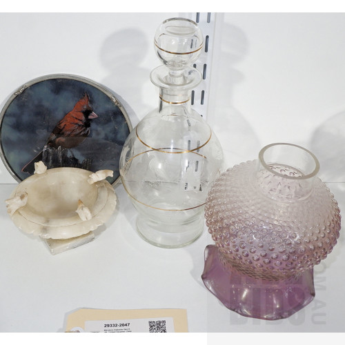 Miniature Alabaster Bird Bath, Etched Decanter, Dimpled Candle Lantern Shade, and a Stained Glass Hanging Roundel