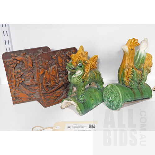 Chinese Carved Wood Bookends, and Two Chinese Sancai Glazed Roof Tiles, 20th Century