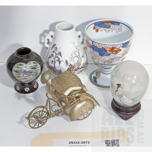 Oriental Miniatures Including Two Chinese Porcelain Vases, Japanese Imari Porcelain Pedestal Cup, a Metal Rickshaw, and an Inside Painted Glass Egg