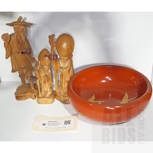 Japanese Lacquer Bowl and Three Carved Wood Oriental Figures Including God of Longevity, Tallest 25cm