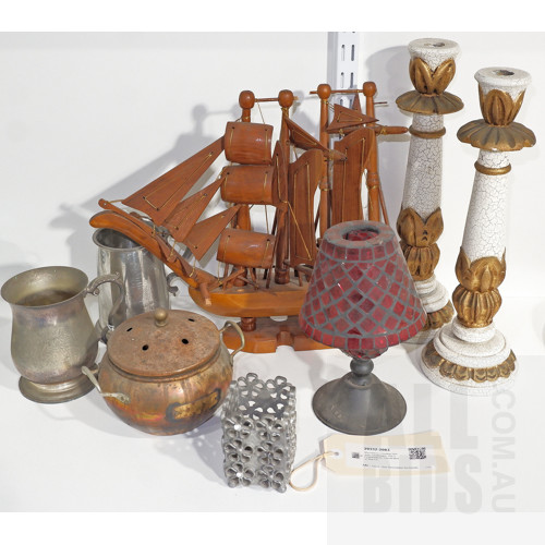 Miscellanea Including Tankards, Candlelights, Pair of Candlesticks, Carved Model Ship Etc