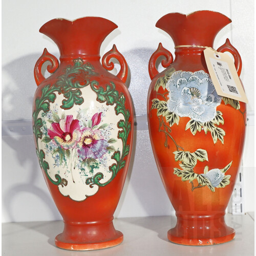 Pair of Antique Japanese Hand Decorated Earthenware Vases Circa 1910, Height 39cm