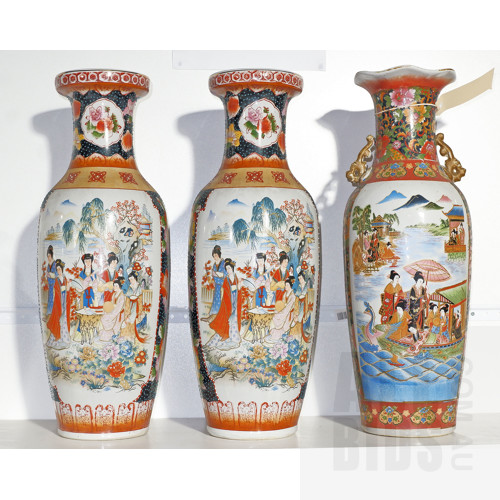 Three Large Asian Porcelain Vases with Stencilled and Transfer Decoration, Tallest 62cm