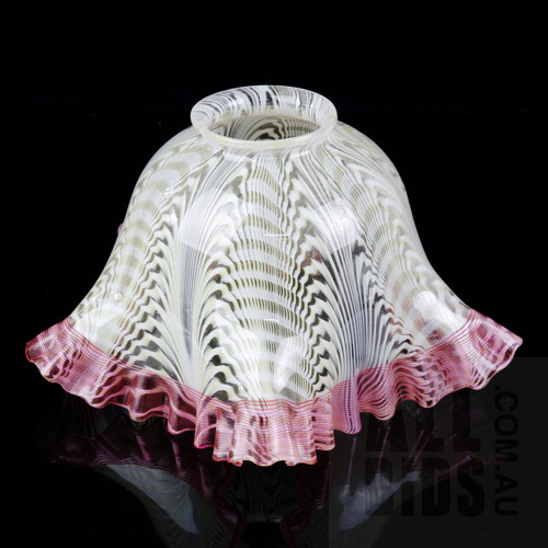 Victorian Cased Glass Lampshade with Internal Combed Decoration and Spiral Ruby Threaded Rim