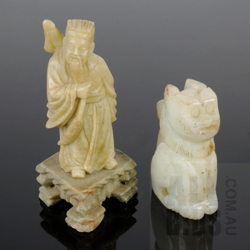 Chinese Soapstone Carving of a Taoist Monk and a Hardstone Carving of a Buddhist Lion, Tallest 9.5cm