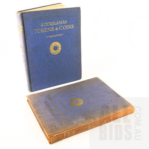 Two Copies of Australasian Tokens & Coins 1921 by Arthur Andrews, Cloth Bound, Fair Condition