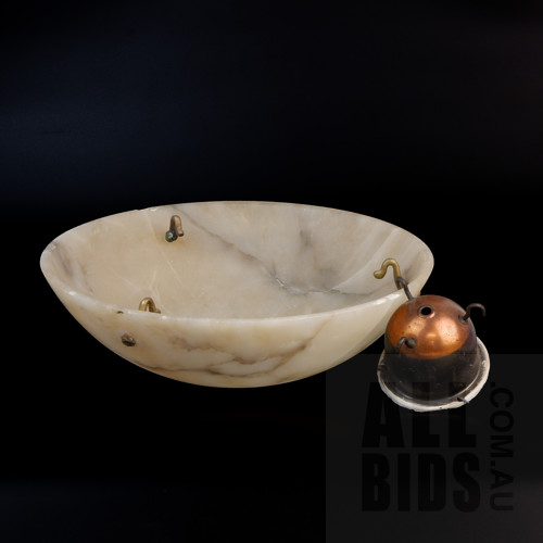 Early Alabaster Hanging Light Fitting and Copper Rose, Lacking Chains, 30cm Diameter