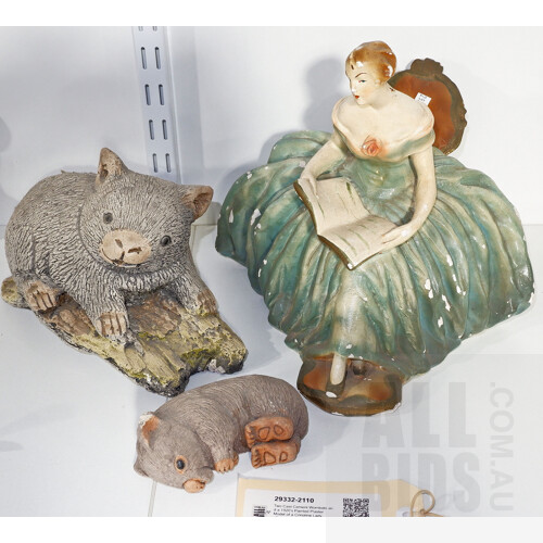 Two Cast Cement Wombats and a 1920's Painted Plaster Model of a Crinoline Lady, Tallest 25cm