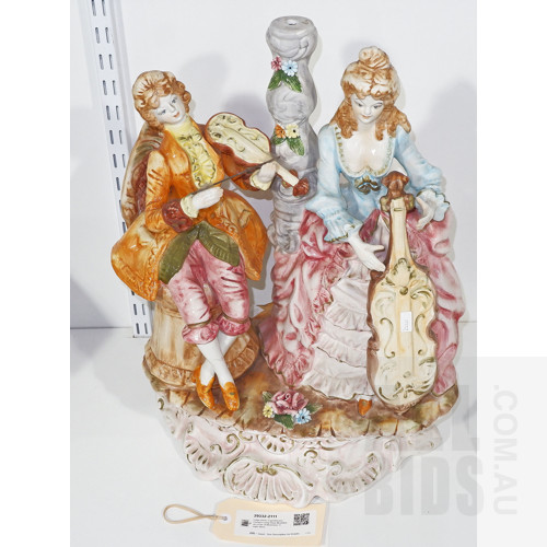 Large Italian Capodimonte Ceramic Lamp Base Modelled as a Pair of Musicians, Height 50cm