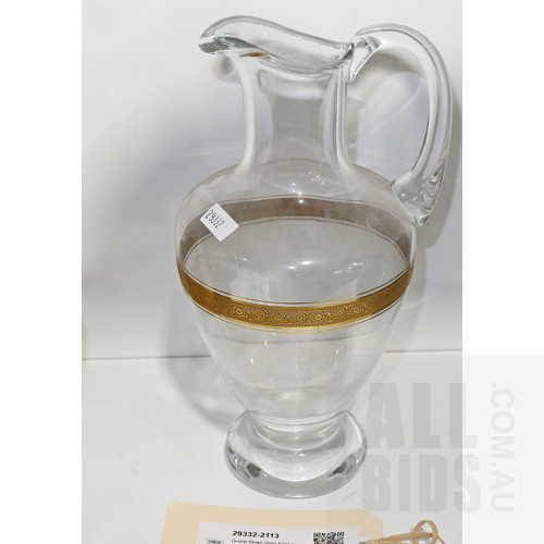 Quality Blown Glass Ewer with Etched Gilt Border Pattern and Crown Mark to Base, Height 27cm