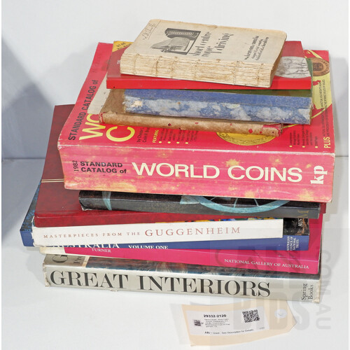 Various Books, World Coins, Historic Homesteads of Australia, Great Interiors, Masterpieces From the Guggenheim, Etc