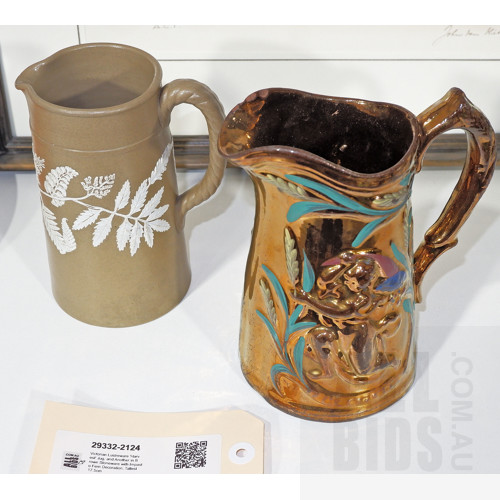Victorian Lustreware 'Harvest' Jug, and Another in Brown Stoneware with Impasto Fern Decoration, Tallest 17.5cm