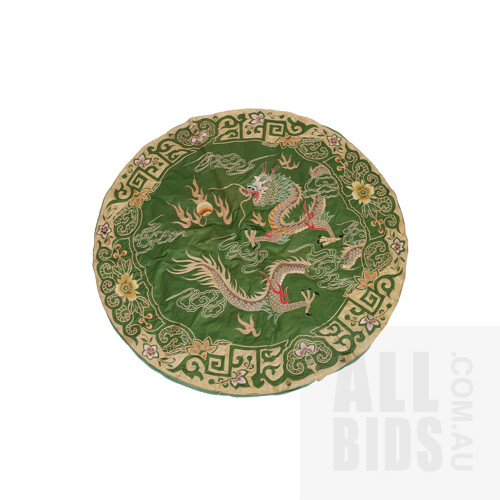 Chinese Silk Circular Coverlet with Silk and Couched Metal Thread Embroidery of a Dragon Chasing a Flaming Pearl, Diameter 90cm