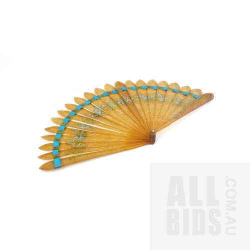 Antique Celluloid Small Fan with Fretwork and Bead Decoration, Length 15.5cm
