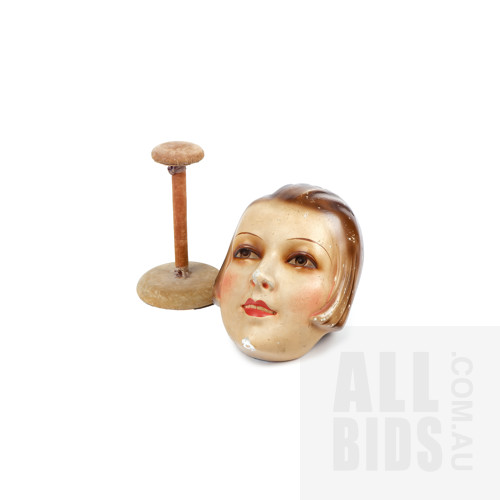 Art Deco Painted Plaster Shop Display Head Mannequin on Velvet Lined Wood Stand, Height 22cm