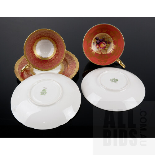 Maroon and Gilt Aynsley Trio, and an Aynsley Cup and Saucer the Interior Decorated with a 'Fruit' Roundel (5)