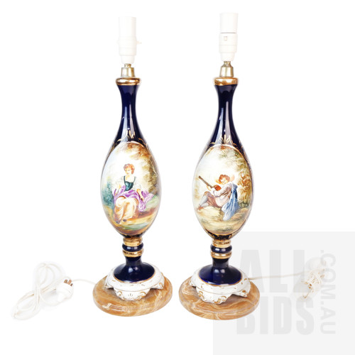 Fabulous Pair of Vintage Continental Hand Painted Porcelain and Gilt Table Lamps with Onyx Bases, Height 60cm