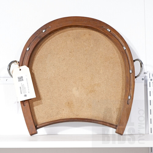 Unusual Wood Horseshoe Shaped Tray with Nickel Plated Brass Handles and Cork Inlay, Circa 1940's