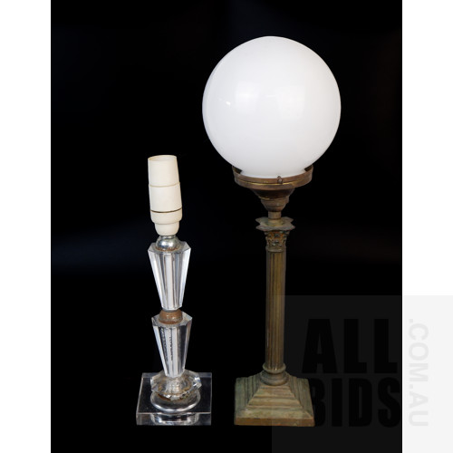 Early Brass Classical Column Table Lamp with Milk Glass Ball Shade, and a Vintage Facet Cut Glass Lamp Base