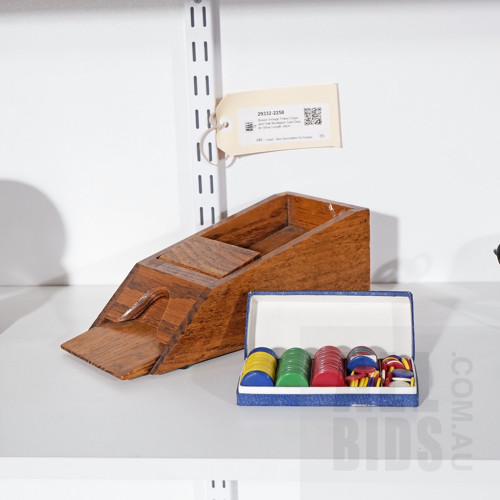 Boxed Vintage Poker Chips and Oak Blackjack Card Dealer Shoe Length 28cm