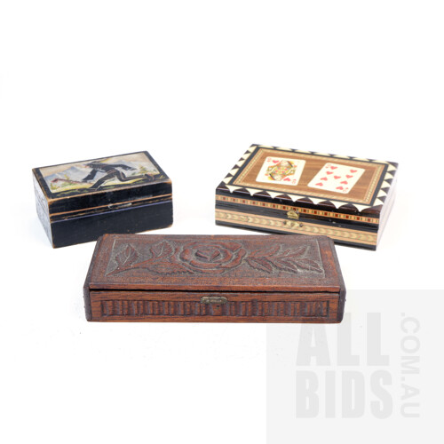 Carved Playing Card Box and Contents, Another in Lacquered and Marquetry Inlaid Wood, Plus Another Vintage Carved and Painted Box