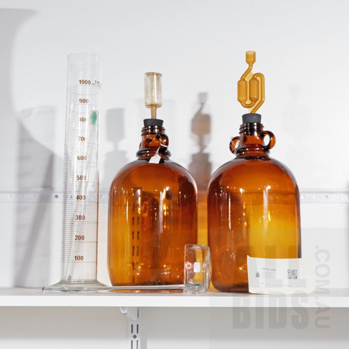 1000ml Graduated Glass Scientific Measure, Plus Two Amber Distilling Bottles, an Alcohol Thermometer and a Glass Ladle, Tallest 43.5cm