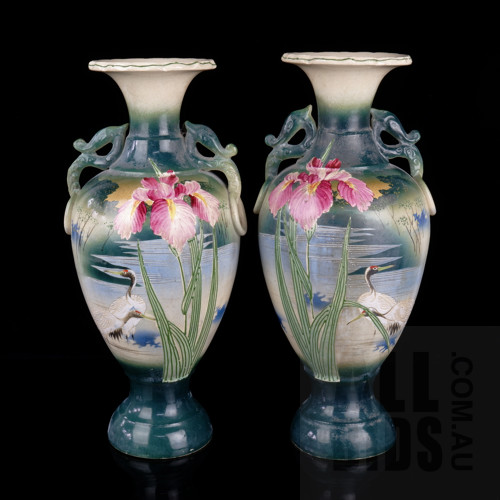 Pair of Japanese Hand Painted Pottery Vases Decorated with Irises, Late Meiji Period Circa 1910, Height 37.5cm