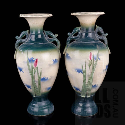 Pair of Japanese Hand Painted Pottery Vases Decorated with Irises, Late Meiji Period Circa 1910, Height 37.5cm