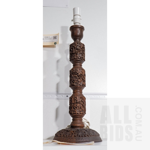 Vintage Indian Carved Sandalwood Lamp Base, Height 56cm