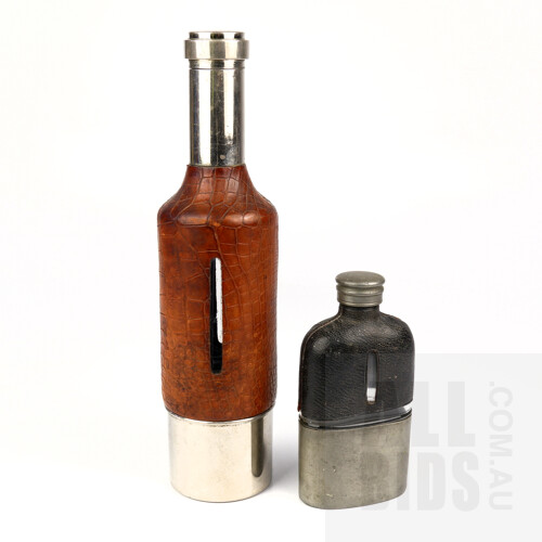 Fabulous Antique Nickel and Leather Bound Spirit Flask with Removable Cup, and a Leather Bound Pewter Whisky Flask (2)