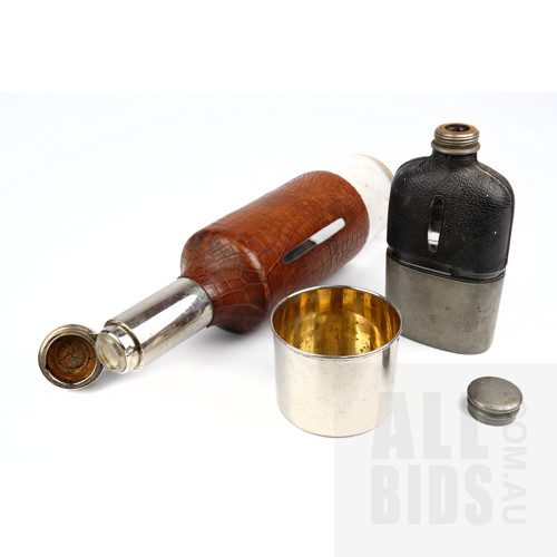 Fabulous Antique Nickel and Leather Bound Spirit Flask with Removable Cup, and a Leather Bound Pewter Whisky Flask (2)
