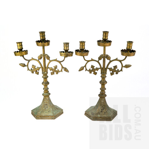 Pair of Antique Ecclesiastical Cast Brass Candelabra, Height 38cm