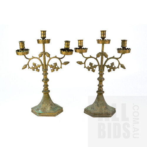 Pair of Antique Ecclesiastical Cast Brass Candelabra, Height 38cm